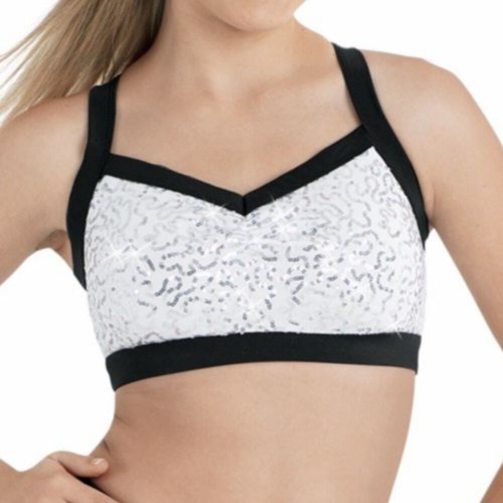 Balera White Sequin Dance Crop Top Girls Size 1C Racerback Bra Top Y2K Party
